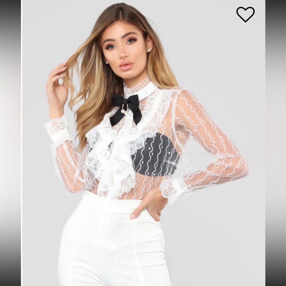 Sheer Lace Ruffle Bow-Accent Women's Pearl Blouse - White, S